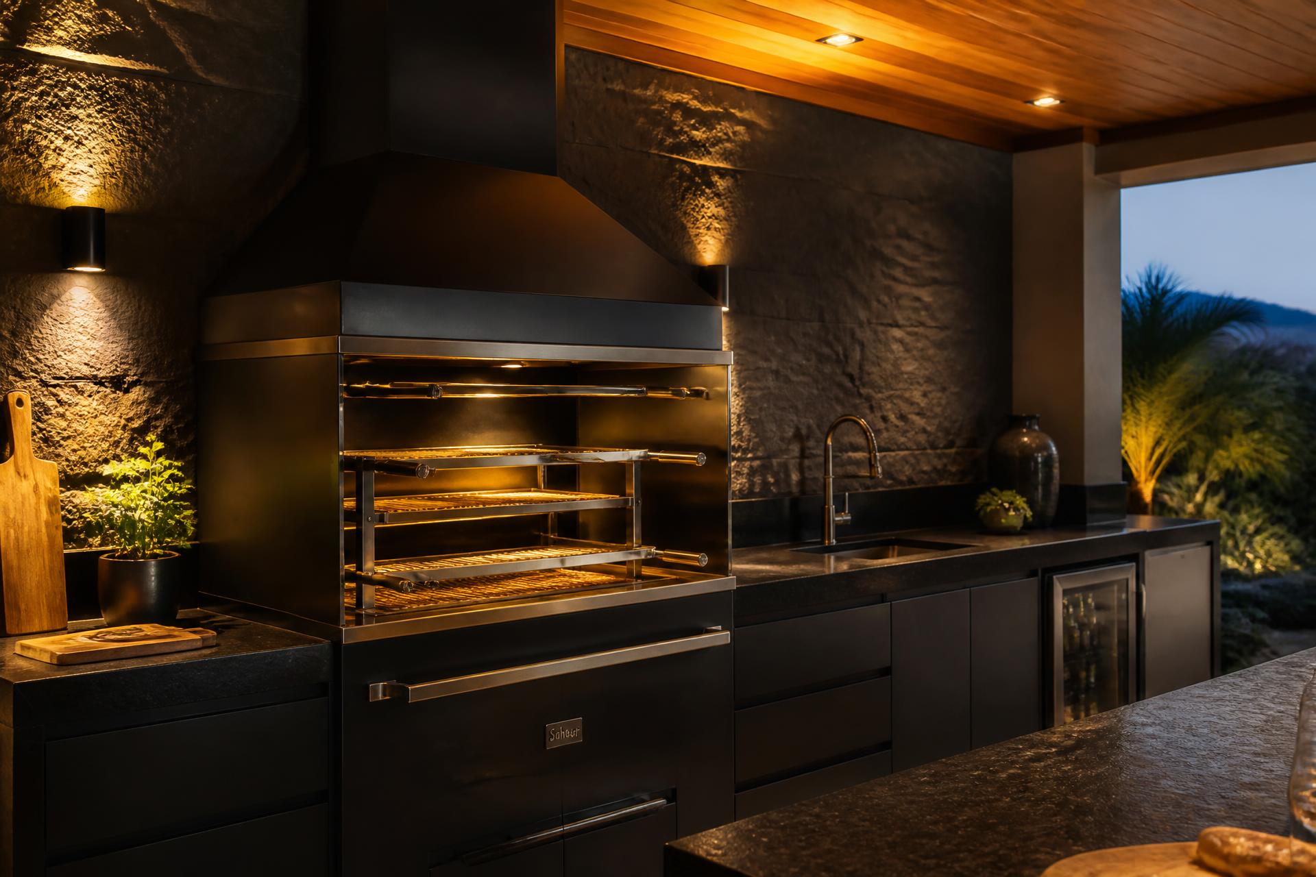 Churrasqueira gourmet Leme instalada em área gourmet moderna ao entardecer